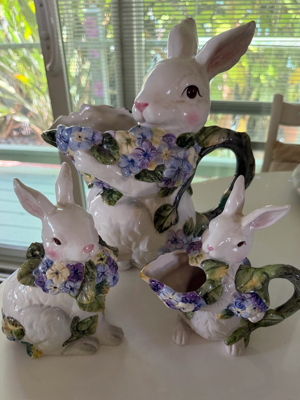 Bunny sugar bowl, creamer and pitcher